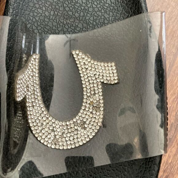 True Religion Black Slides with Rhinestone Logo - Picture 2 of 6